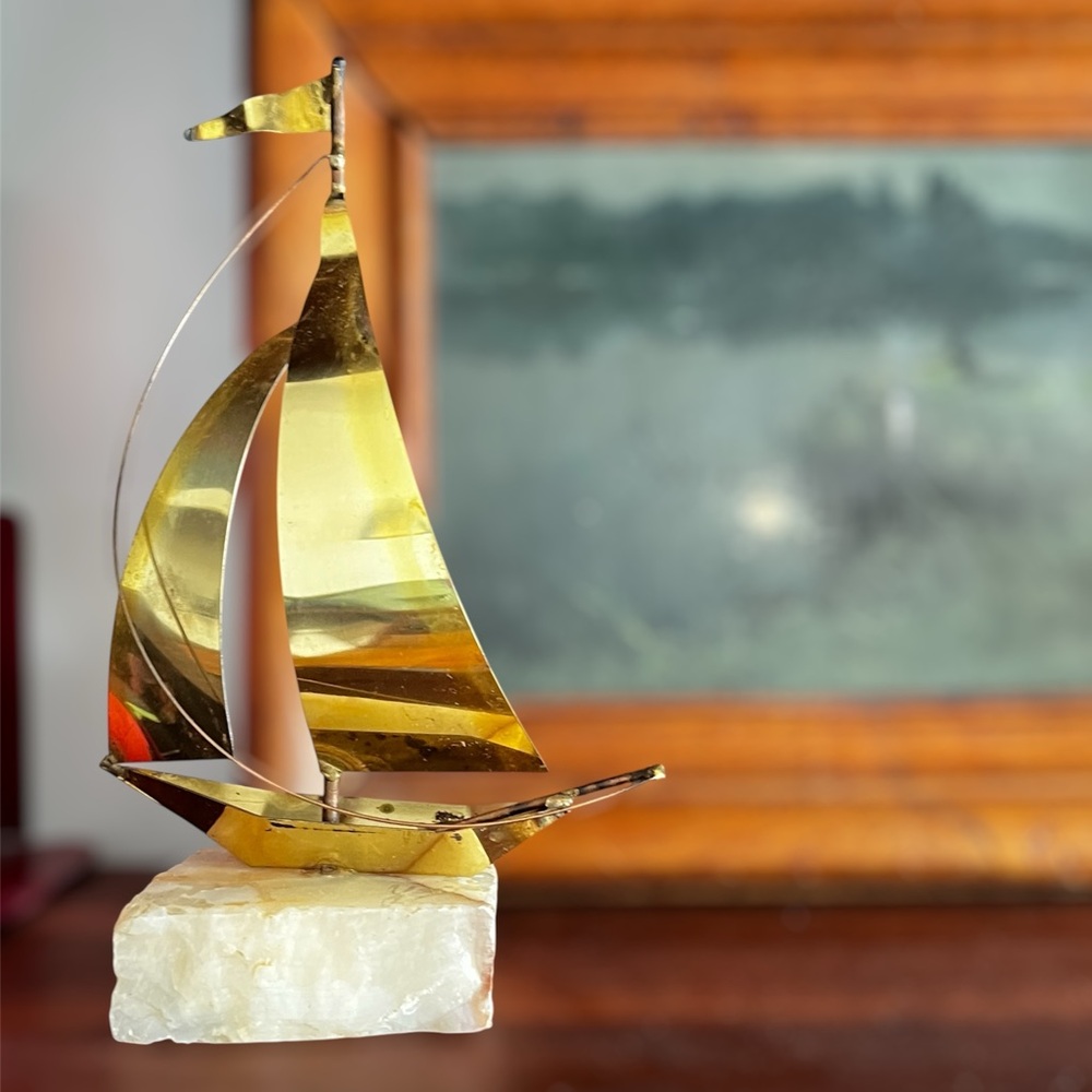 MCM Brass Sailboat Sculpture Nautical Statue Sailing Art Onyx California Yosi - Picture 2 of 9
